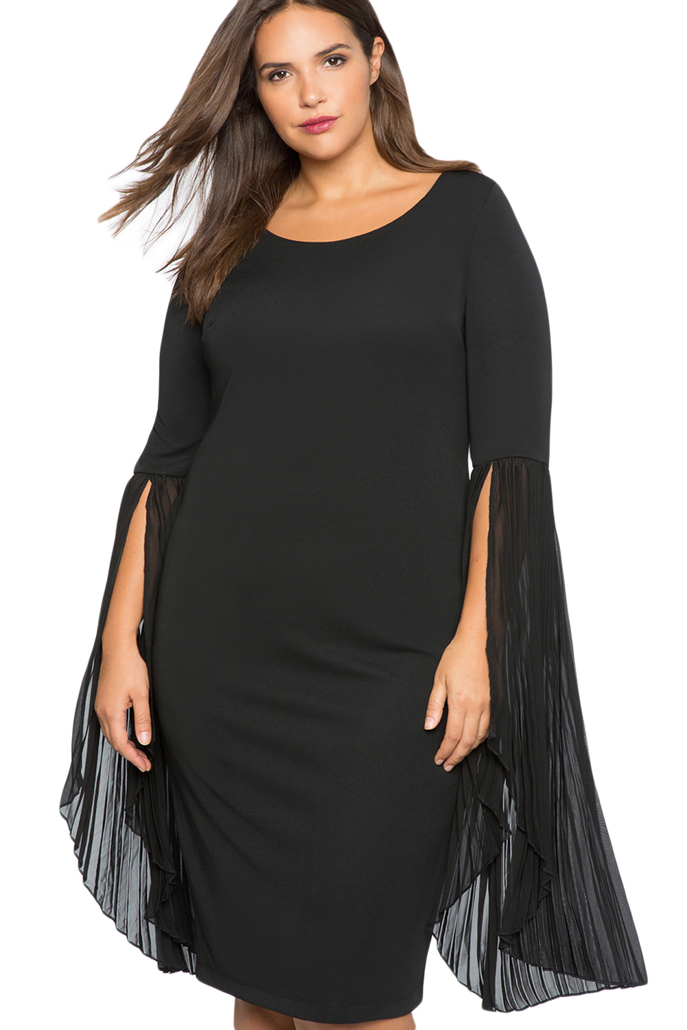 BY61753-2 Black Pleated Flare Sleeve Plus Size Dress